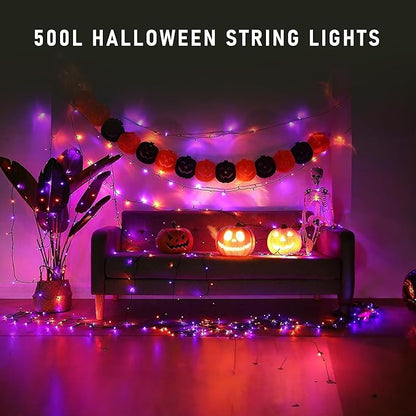 Dazzle Bright 164 FT 500 LED Halloween String Lights, Waterproof Halloween String Lights Black Wire with 8 Modes, Outdoor Halloween Decorations for Indoor Party Yard Wedding Decor, Purple & Orange