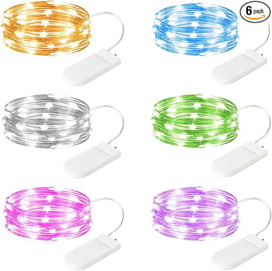 6 Pack Fairy Lights Battery Operated Lights, 7ft 20 Led Multicolor Mini String Lights, Waterproof Silver Wire Starry for Mason Jars Wedding Party Centerpiece Table Christmas