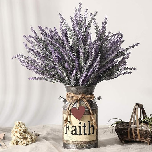 Artificial Lavender Flowers with Vase,Fake Lavender Plant Artificial in Metal Vase for Kitchen Counter Rustic Farmhouse Decor (Faith,Purple)