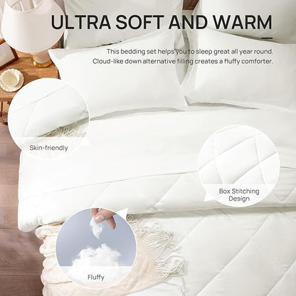 Love's cabin California King Comforter Set Ivory, 7 Pieces California King Bed in a Bag, All Season Bedding Sets with 1 Comforter, 1 Flat Sheet, 1 Fitted Sheet, 2 Pillowcase and 2 Pillow Sham