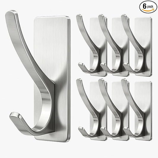 pickpiff Self Adhesive Coat Hooks for Hanging: Heavy Duty Stainless Wall Hook for Towel, Backpack, Hat, Sturdy Metal Hanger for Bathroom, Bedroom, Door, Brushed Nickel, 6-Pack