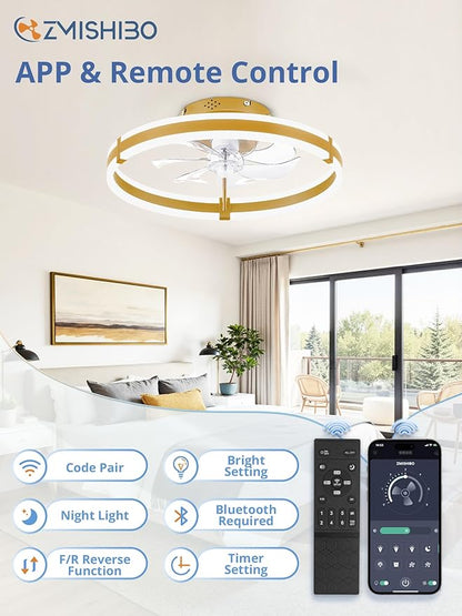 ZMISHIBO Ceiling Fans with Lights and Remote, 19.7'' Low Profile Ceiling Fan, 3000-6000K Dimmable Modern Flush Mount LED Fan Light, 6 Wind Speeds, Gold Fandelier Ceiling Fans for Bedroom