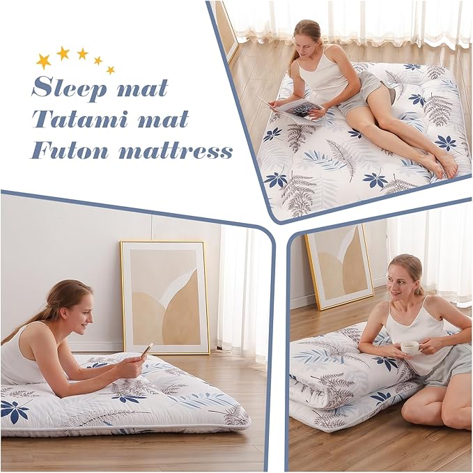 Japanese Floor Mattress, Futon Mattress with Portable Storage Bag and Washable Cover, Roll Up Thick Tatami Mat Suitable for Camping, Guest Room, White Leaf, Queen