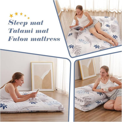 Japanese Floor Mattress, Futon Mattress with Portable Storage Bag and Washable Cover, Roll Up Thick Tatami Mat Suitable for Camping, Guest Room, White Leaf, Queen