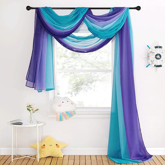 NICETOWN Lilac and Turquoise Ombre Voile Sheer Window Scarf, Wedding Decorations for Reception Decorative Bed Canopy for Gilrs Room/Kids Room, 2 Panels, W60 x L216