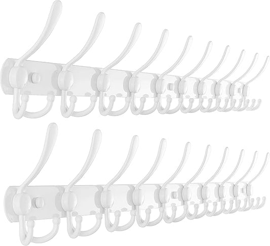 Dseap Coat Rack Wall Mount - 38” Long 10-Tri-Hooks Heavy Duty Coat Hanger Rail Wall Hooks for Hanging Coats Hats Clothing Clothes Purse Mudroom Entryway, White, Pack of 2