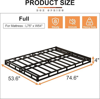 EMODA 4 Inch Full Box Spring Bed Base, 3000 LBS Heavy Duty Metal Mattress Foundation with Fabric Cover, Easy Assembly, Black