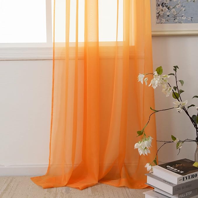 HUTO Orange Sheer Curtains 96 inches Long for Bedroom Top Rod Pocket Sheer Window Panels Curtains for Nursery Living Room 52 by 96 Inch Length Set of 2