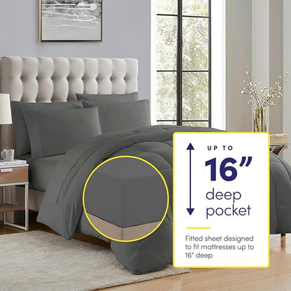 California King Comforter Set - Soft & Breathable 7-Piece Bedding Collection - 1 Comforter, 1 Fitted Sheet, 1 Flat, 4 Pillowcases - Deep Pocket - Premium Quality - Ideal for All Seasons, Gray