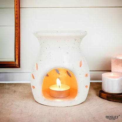 Hosley Elegant Ceramic Oil Warmers with Leaf Pattern and Speckle Design 4.5 Inches High Tealight Compatible for Aromatherapy and Home Decor Set of 3
