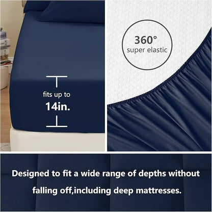 CozyLux California King Comforter Sets Navy Blue, 7 Pieces Cal King Bed in a Bag, All Season Bedding Sets with Stitch Quilted Comforter, Flat Sheet, Fitted Sheet, Pillowcases