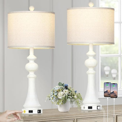 28" Farmhouse Lamps Set of 2 with USB A+C Fast Ports & AC Outlets, Vintage Rustic 3-Way Dimmable Touch Control Table Lamps, Rustic Traditional Bedside Nightstand Lamp for Living Room Bedroom White