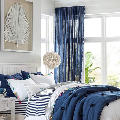 Treatmentex Pom-Pom Blue Sheer Curtains for Bedroom 63" Window Drapes Rod Pocket Textured Sheer Curtain Panels for Boy's Room Navy 52" w 2 pcs