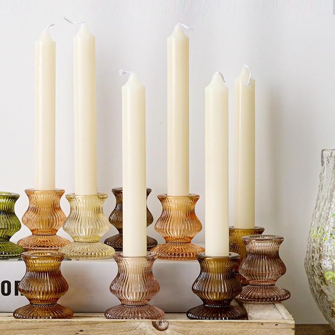 WDHODEC Glass Candlestick Holders 12PCS Taper Candle Holders for Table Centerpiece Vintage Colorful Candle Sticks for Wedding, Party and Birthday Table Decoration(Brown)