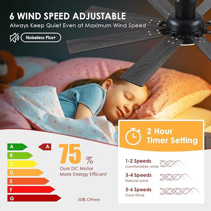 Ceiling Fans with Lights- 52" Low Profile Indoor Ceiling Fan with Light and Remote/APP Control, 8 Blade,Flush Mount, LED Dimmable DC Reversible Modern Ceiling Fan for Bedroom（Black）