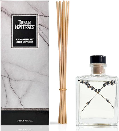 Urban Naturals Lavender Fields Oil Essential Oil Reed Diffuser Set with Real Lavender! French Blossoms, Geranium & Clary Sage – Sleek Rectangular Refillable Glass Bottle – Made in The USA
