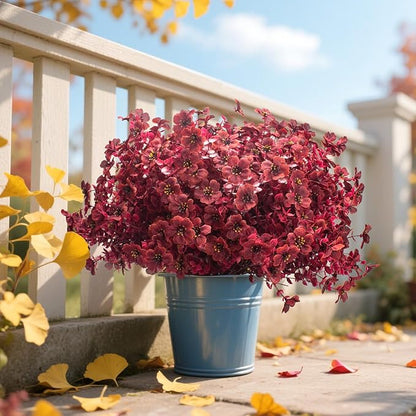 16 Bundles Artificial Boxwood Flowers Outdoor UV Resistant, 13.5" Fall Faux Greenery for Porch Planters Thanksgiving Decor - Fake Plants for Garden, Fireplace, Front Door(Wine Red)