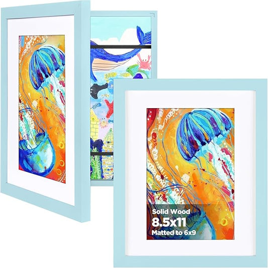 KINLINK 8.5x11 Kids Art Frames Set of 2, Solid Wood Kids Artwork Frames Changeable with Acrylic Front Opening Holds 150 Pictures, Art Frame for Kids Artwork with Mat or without Mat, Light Blue