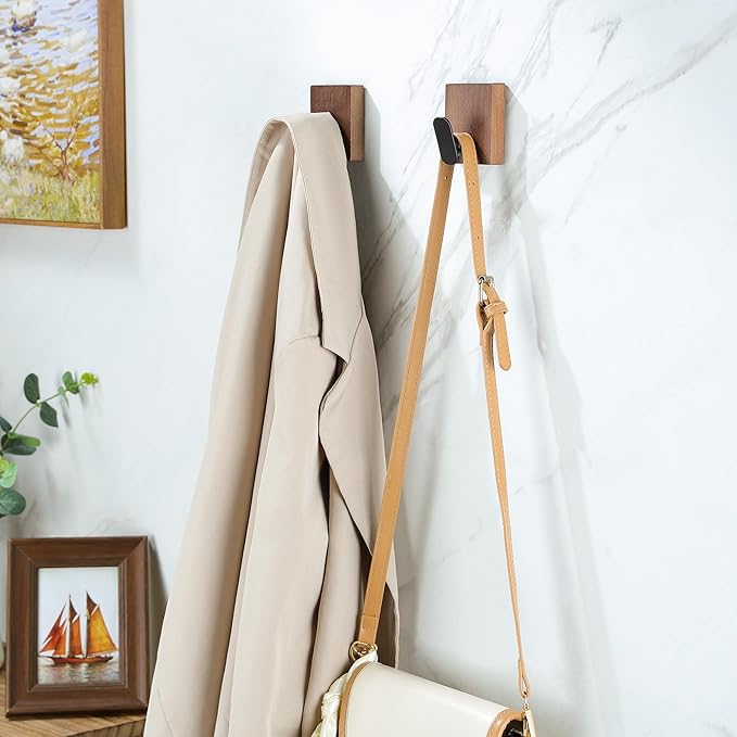 DELITON Adhesive Towel Hooks,Wall Hooks for bathrooms Without Drilling, Wood Wall Hooks for Hanging Robe, Towel, Bag Stick on Farmhouse Bathroom Bedroom Entryway 4 Packs Burned Brown
