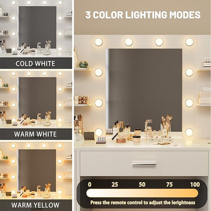 Furmax Vanity Desk with Mirror, LED Lights and Power Outlet Makeup Vanity Table with 7 Drawers and 6 Storage Shelves Dressing Table for Bedroom Dressing Room (White)