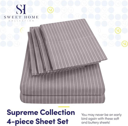Twin Size Bed Sheets - 4 Piece 1500 Supreme Collection Fine Brushed Microfiber Deep Pocket Twin Sheet Set Bedding - 1 EXTRA PILLOW CASES, GREAT VALUE, Twin, Pinstripe Gray