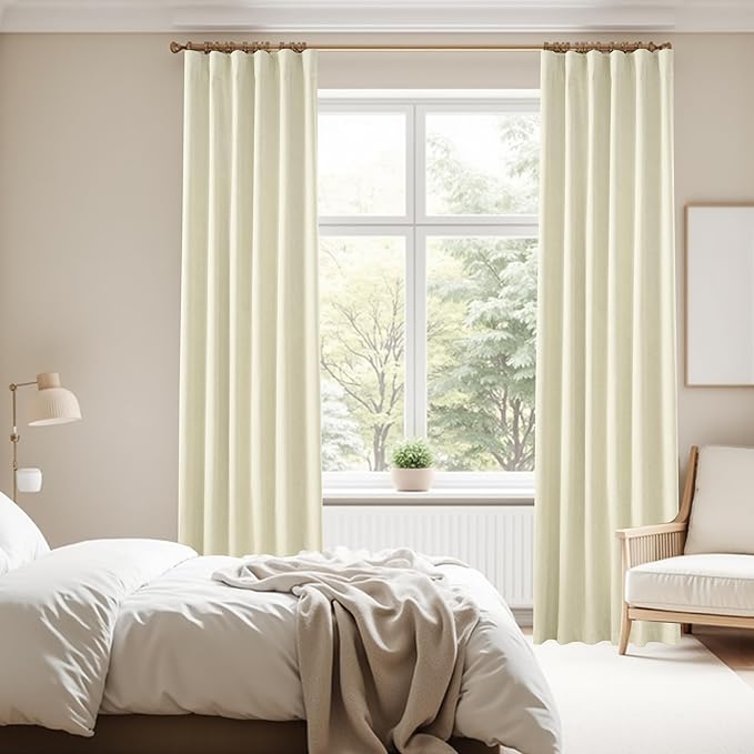 KangBang 90 Inch Long Linen Blackout Curtains, Back Tab Rod Pocket Linen Textured Curtains for Nursery Bedroom, Sun Blocking Back Tab French Countryside Curtains(Ivory Cream,52x90 Inch,2 Panels Set)