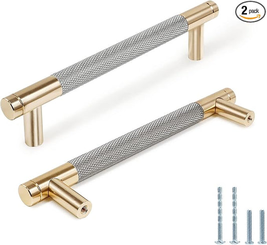 Knurled Cabinet Pulls 2 Pack, 6 Inch Long Cabinet Handles Metal Door Pulls, Kitchen Drawer Pull Knurled Dresser Handles - 5" Hole to Hole, Grey & Gold