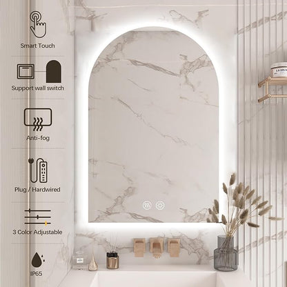 Niccy Arched LED Bathroom Mirror, 51x27 Inch Arch Frameless Backlit Mirrors for Wall Arched Lighted Vanity Mirrors Defogger and 3 Color, Explosion-Proof, HD Glass and IP65 Waterproof