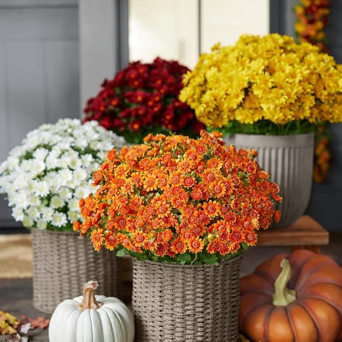 Artificial Mums for Outdoors, Faux Sunset Mum Flowers Planters for Indoor Outside Decor, Fake Look Real, Vibrant, UV Resistant, Waterproof, Windproof (1Mix, 10 Bundle)