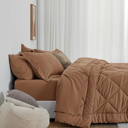 Love's cabin Twin Comforter Set Mocha Mousse, 5 Pieces Twin Bed in a Bag, All Season Bedding Sets with 1 Comforter, 1 Flat Sheet, 1 Fitted Sheet, 1 Pillowcase and 1 Pillow Sham