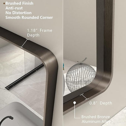 44x30 Bronze Bathroom Mirror, Brushed Metal Bathroom Vanity Mirrors for Wall, Rounded Corner Bronze Rectangle Mirror for Farmhouse, Bedroom, Anti-Rust (Horizontal/Vertical)