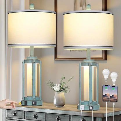 Farmhouse Lamps Set of 2, 26" Vintage Rustic Industrial Beside Lamps with USB A+C Charging Ports & AC Outlet, Nightstand Metal Lamp with LED Night Light & Fabric Shade for Living Room Bedrooms Blue