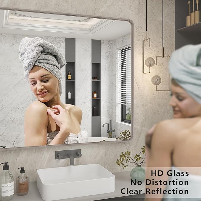 60x40 Inch Brushed Nickel Bathroom Mirror, Silver Bathroom Mirrors for Vanity, Rectangle Silver Metal Frame Bathroom Mirror for Wall, Shatterproof, Hangs Horizontally or Vertically