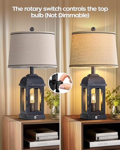 QiMH Table Lamp for Living Room, Farmhouse Lamps with USB A+C and Nightlight, 26" Rustic Bedside Lamps with 3-Way Dimmable Touch Control, Nightstand Lamp for Bedroom, Shabby Grey, 1 Pack