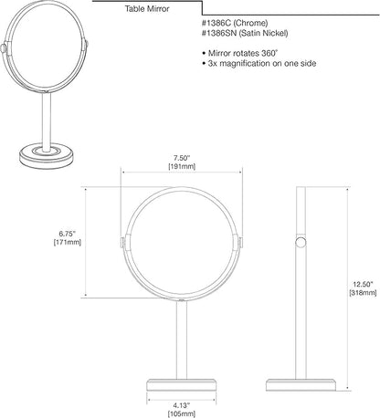 Gatco 1386MX Latitude II Makeup Mirror, Matte Black | Counter Top Makeup Mirror, 3X Magnification, Rotates 360 Degrees