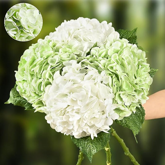Waipfaru 4Pcs Real Touch Hydrangea Artificial Flowers, Green & White Fake Hydrangea Flowers, 21" Lifelike Latex Faux Hydrangea Flowers for Wedding Bouquet Home Decor Centerpieces