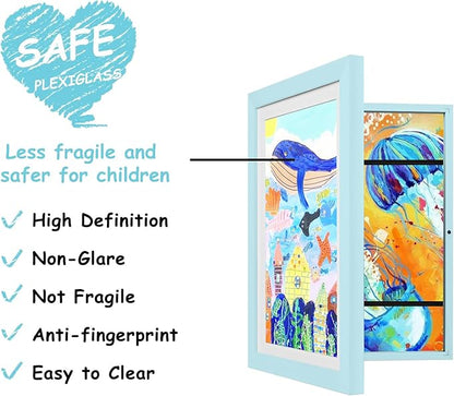 KINLINK 9x12 Kids Art Frames Set of 2, Solid Wood Kids Artwork Frames Changeable with Acrylic Front Opening Holds 150 Pictures, Art Frame for Kids Artwork with Mat or without Mat, Light Blue