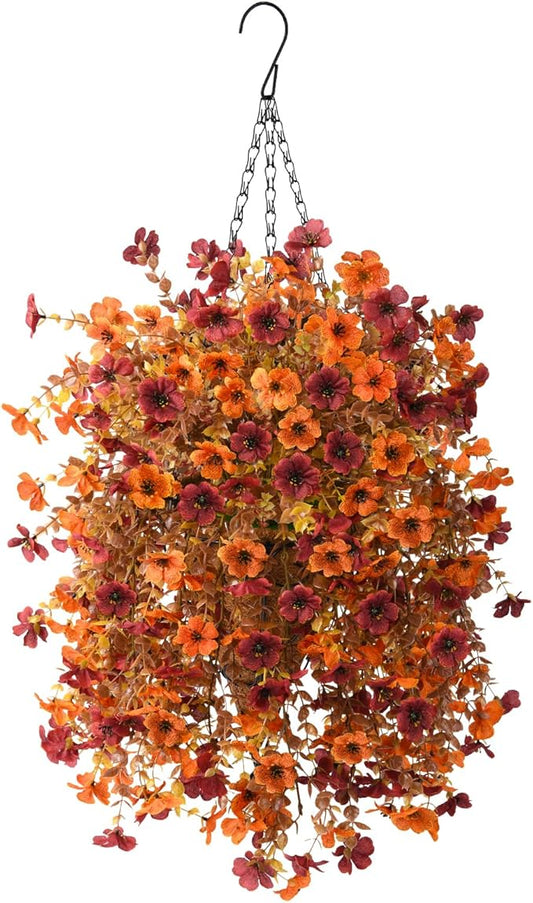 Artificial Faux Fall Hanging Flowers Plants Basket for Fall Outdoor Decoration,Fake Silk Orange Mums planters UV Resistant Look Real for Home Porch Patio Yard Outside Autumn Decor (Brown Orange)