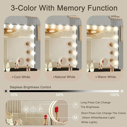 Black Hollywood Vanity Mirror with Lights, 15 Dimmable Bulbs, 3 Color Lights,Make Up Lighted Mirror, Aluminum Metal Frame, USB Charging Port（23" x 18"）