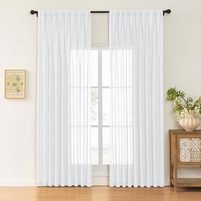 White Sheer Linen Pinch Pleated Sliding Door Curtains, 2x50 Inches Width, Cotton Look Light Filtering Drapes 108 Inches Long, Soft Textured Farmhouse Floor to Ceiling Window Curtain Panels