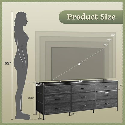 Huuger 63 Inch Dresser for Bedroom, Dresser for Closet with 9 Drawers, Large TV Stand for 55, 65, 70 Inch TV, Entertainment Center, Wide Long Chest of Drawers, Charcoal Black Wood Grain Print