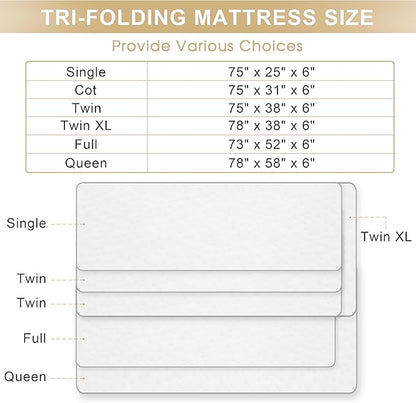 Tri-fold Folding Mattress, 6 Inch Memory Foam Guest Bed with Washable Bamboo Fabric, Breathable, Perfect for Camping & Road Trips