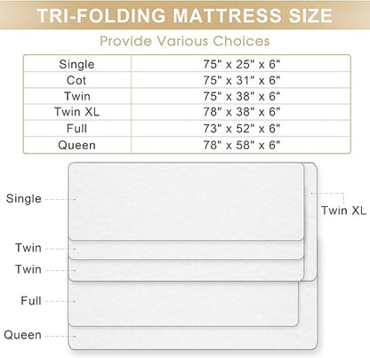 Folding Mattress, 6 Inch Memory Foam Tri-fold Mattress with Breathable & Washable Bamboo Fiber Fabric Cover, Foldable Floor Guest Bed for Camping, Road Trip, Single