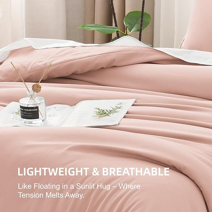 Litanika Pink Queen Size Comforter Set, 3 Pieces Blush Plain Bedding Comforter Set, All Season Bed Set (90x90In Comforter & 2 Pillowcases)