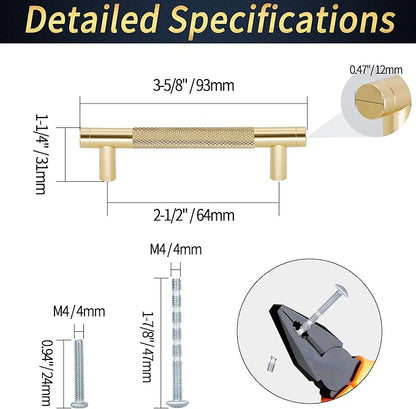 Knurled Cabinet Pulls 12 Pack, 3.5 Inch Long Cabinet Handles Metal Door Pulls, Kitchen Drawer Pull Knurled Dresser Handles - 2 1/2" Hole to Hole, Golden