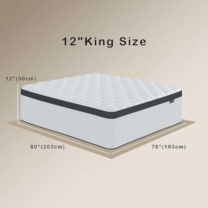 King Size Mattress, 12 Inch Innerspring Hybrid Mattress in a Box with Gel Memory Foam, Individually Wrapped Encased Coil Pocket Spring Mattresses, Pressure Relief, Medium Firm, 76"*80"*12"