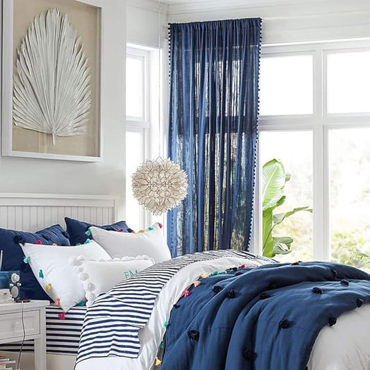 Treatmentex Pom-Pom Navy-Blue Sheer Curtains for Bedroom Windows 84inches Long Linen Textured Look Sheer Drapes for Living Room 52" w x 2Pack