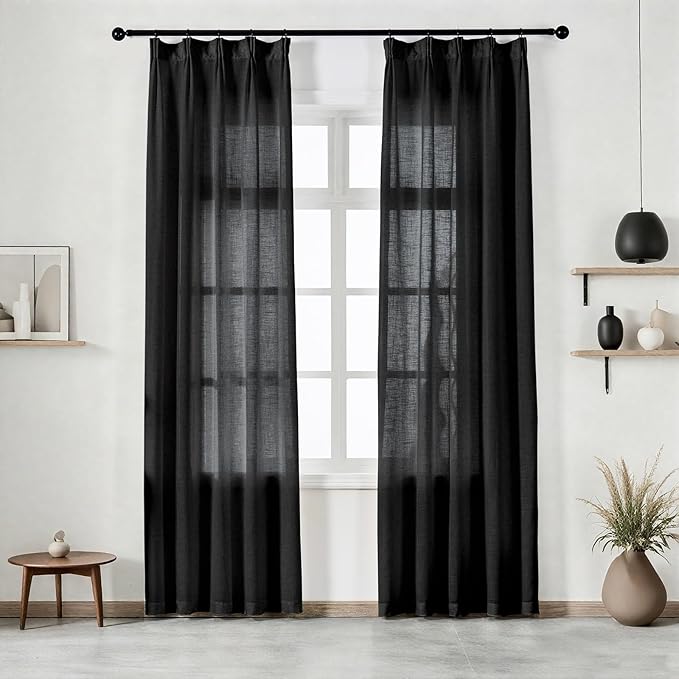 Black Curtains Semi Sheer 96 Inches Long, Linen Textured Light Filtering Drapes for Living Room Bedroom, Dark Moody Modern Farmhouse Window Decor, Pinch Pleat Curtain with Hooks