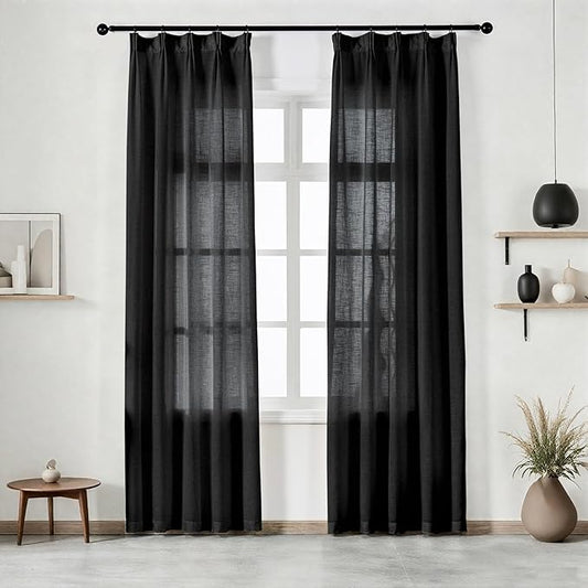 Black Curtains Semi Sheer 84 Inches Long, Linen Textured Light Filtering Drapes for Living Room Bedroom, Dark Moody Modern Farmhouse Window Decor, Pinch Pleat Curtain with Hooks
