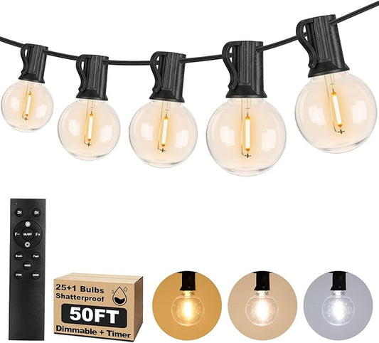 50FT Outdoor String Lights with 3 Color Lights, Dimmable G40 Globe String Lights for Outside with Remote, Waterproof Patio Lights with 25+1 Shatterproof Bulbs for Wedding Party Backyard Home Christmas